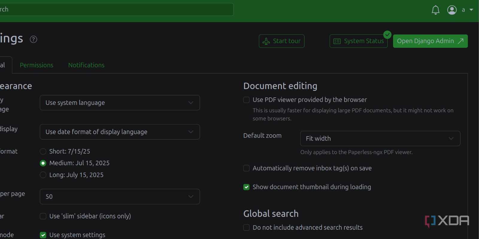 screenshot of open django admin option paperless ngx