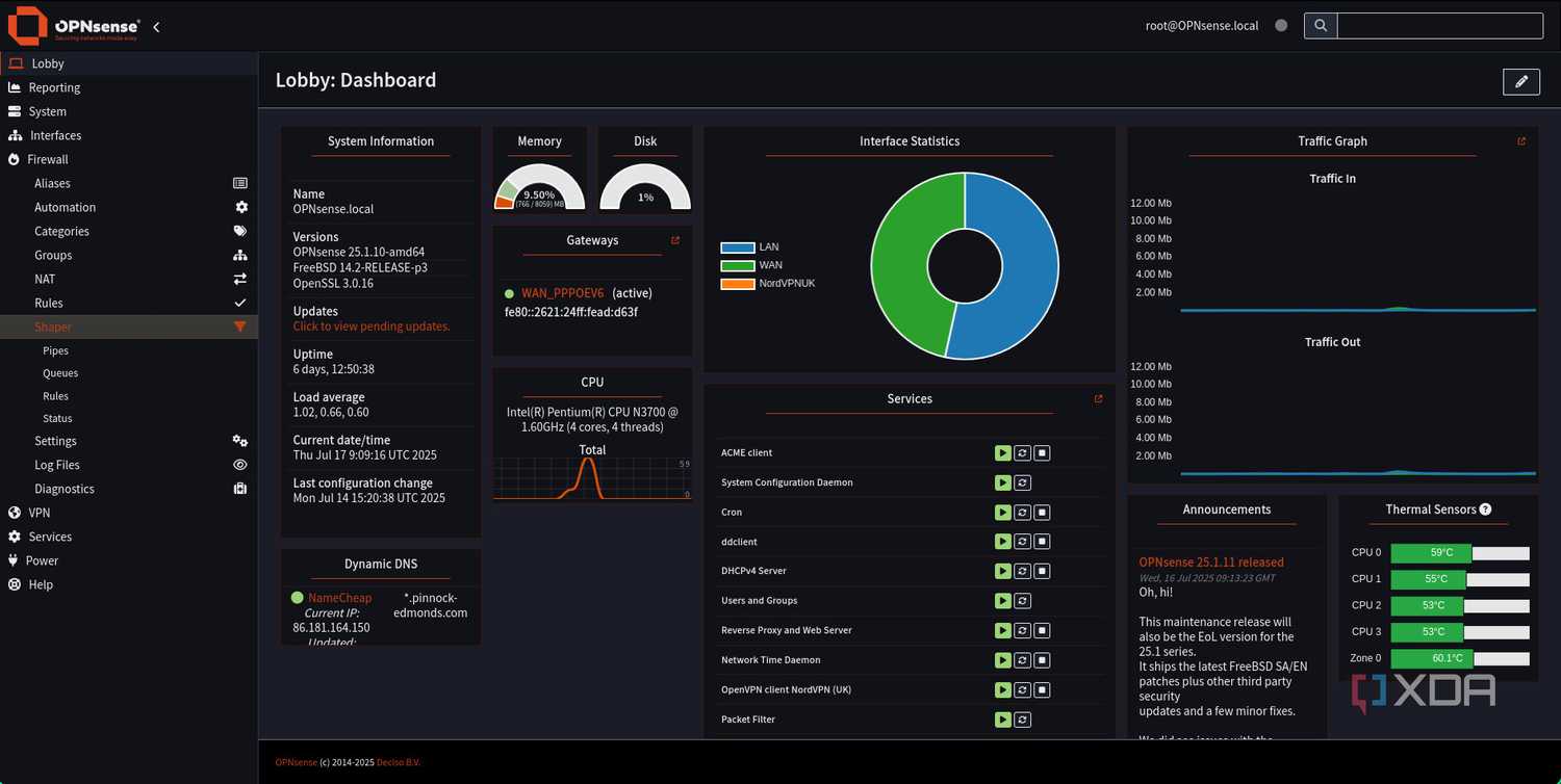 OPNsense dashboard