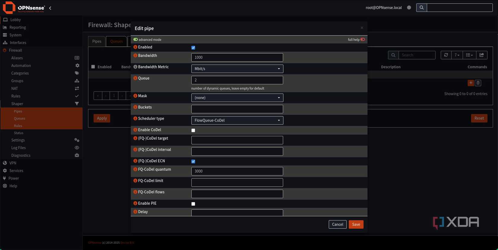 Adding traffic shaping pipe in OPNsense