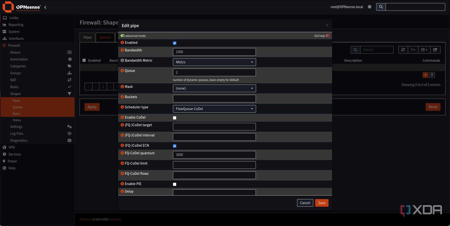 Adding traffic shaping pipe in OPNsense
