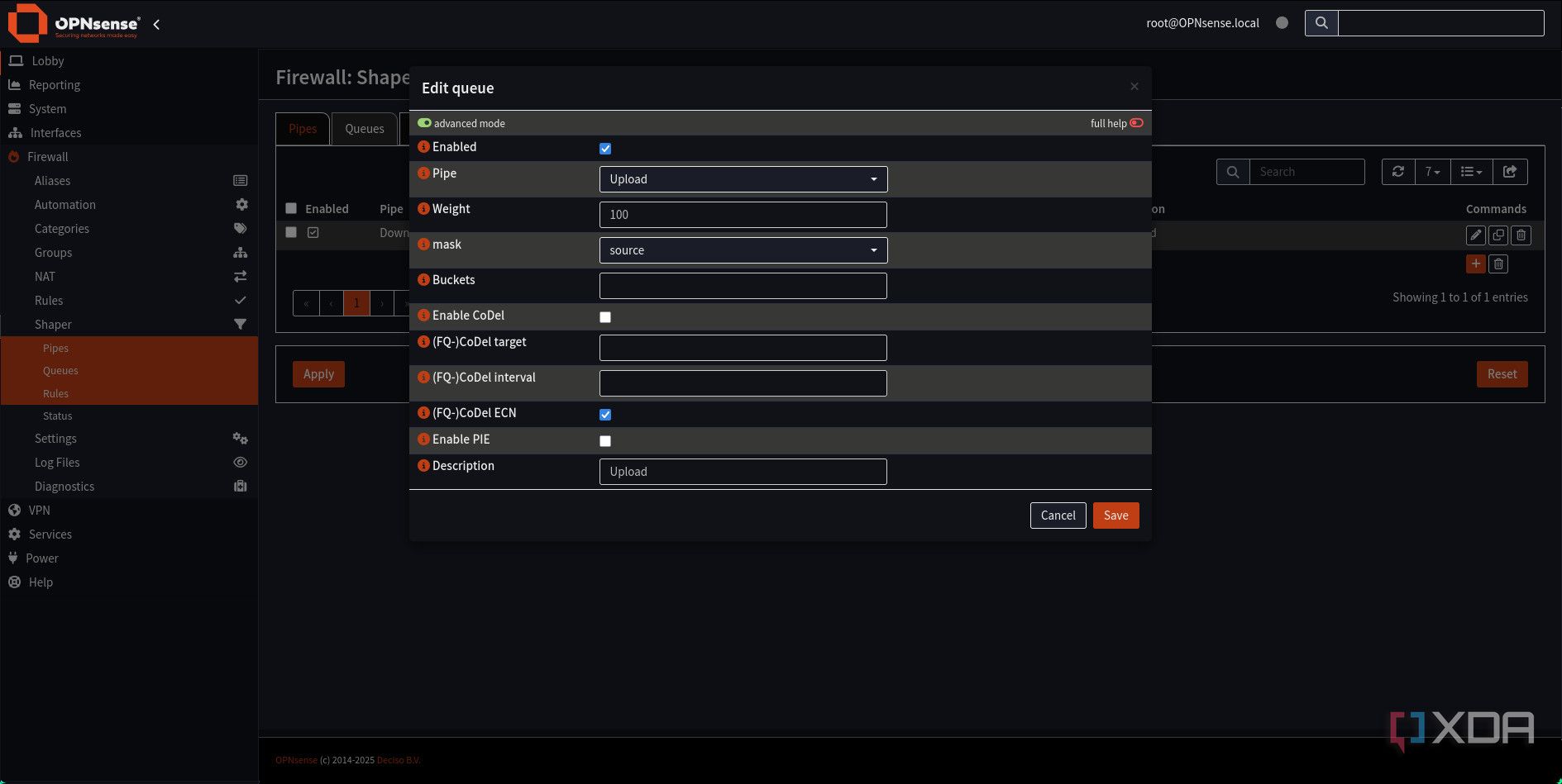 Adding traffic shaping upload queue in OPNsense
