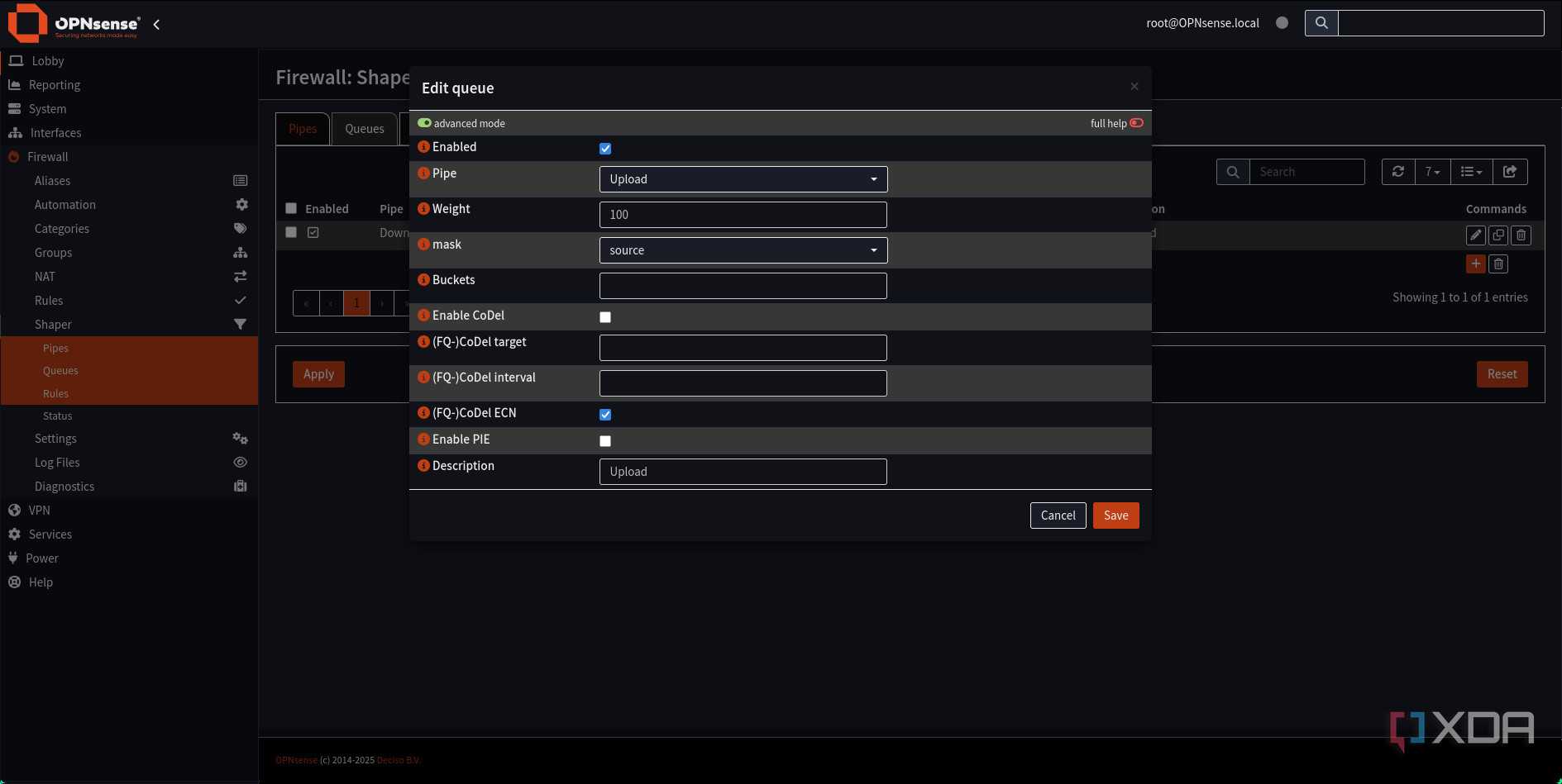 Adding traffic shaping upload queue in OPNsense