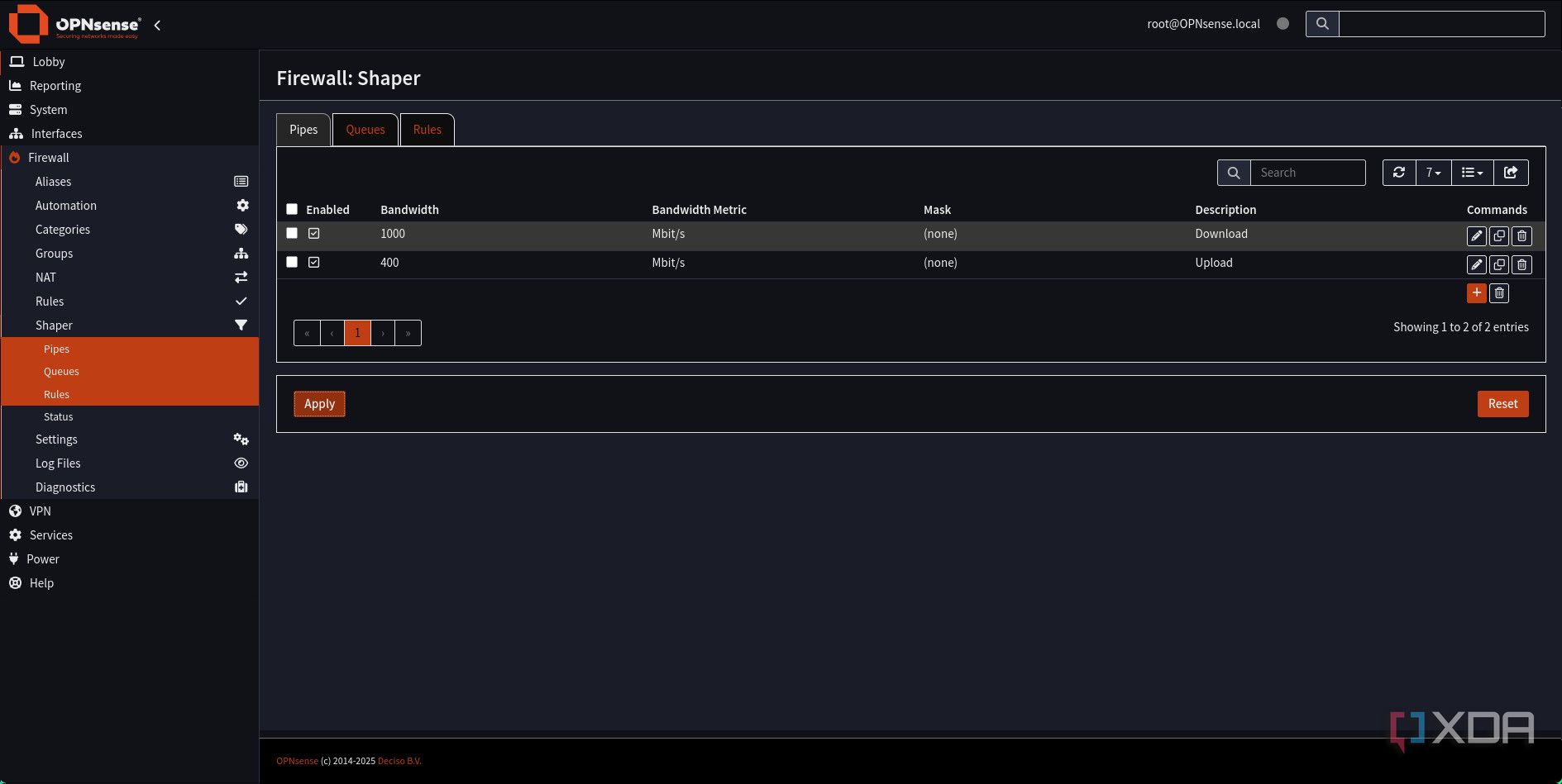OPnsense traffic shaping pipes added