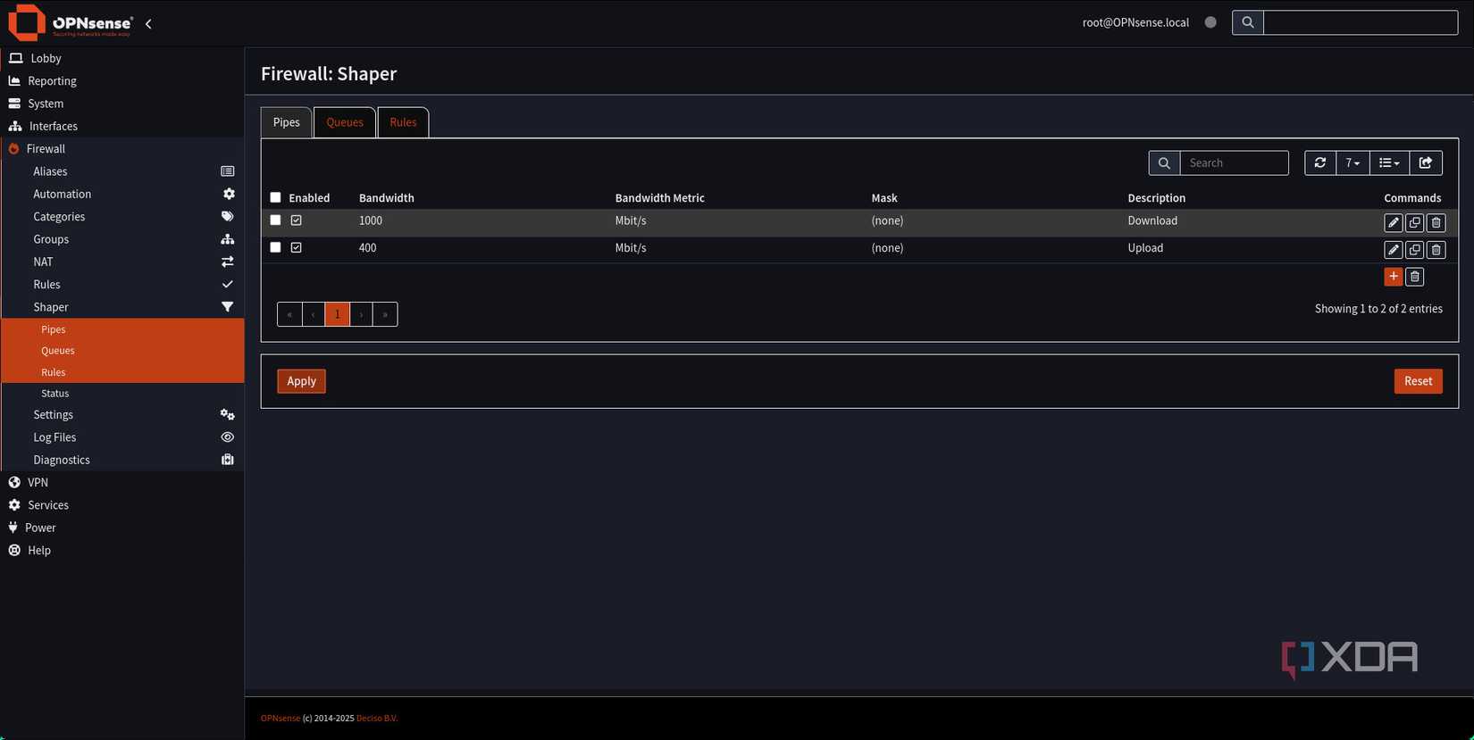 OPnsense traffic shaping pipes added