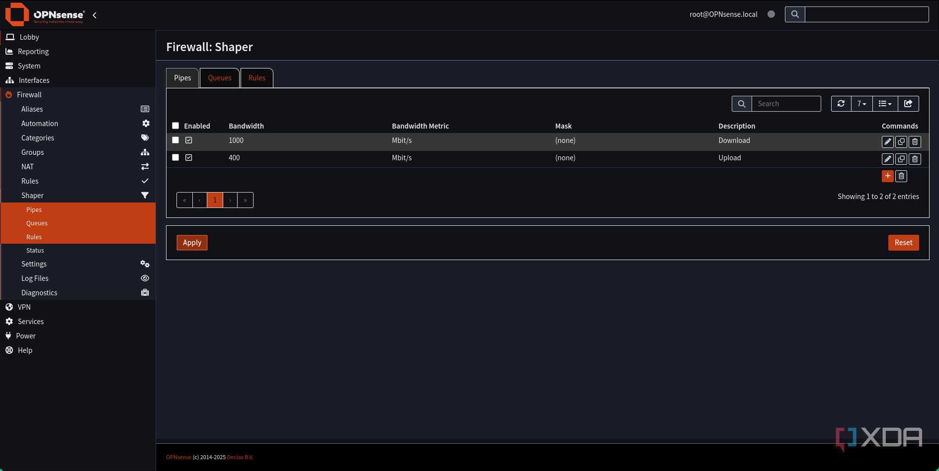 OPnsense traffic shaping pipes added