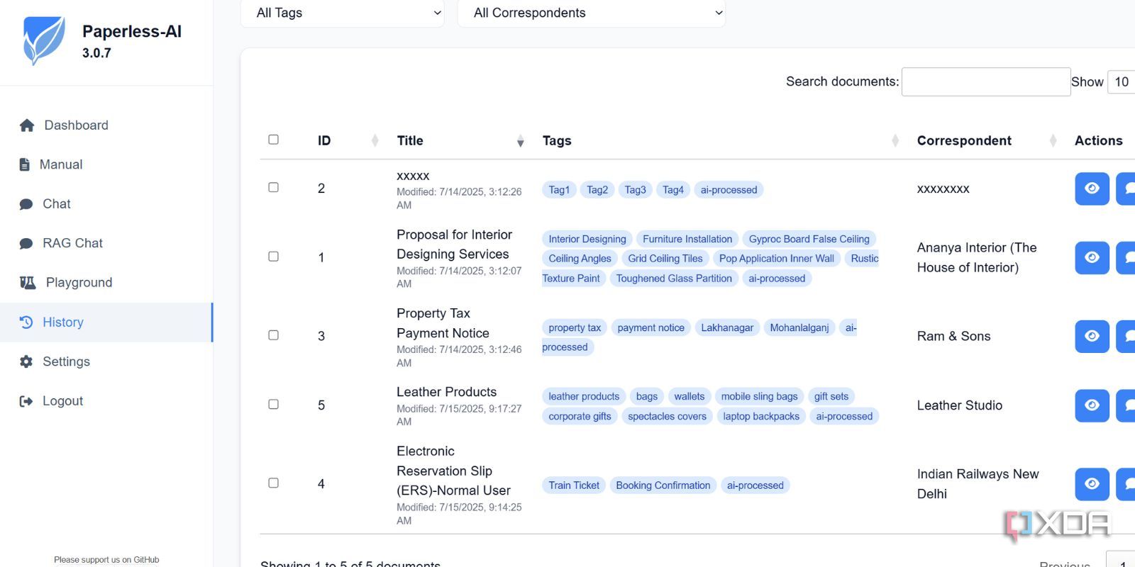 screenshot of paperless ai document history