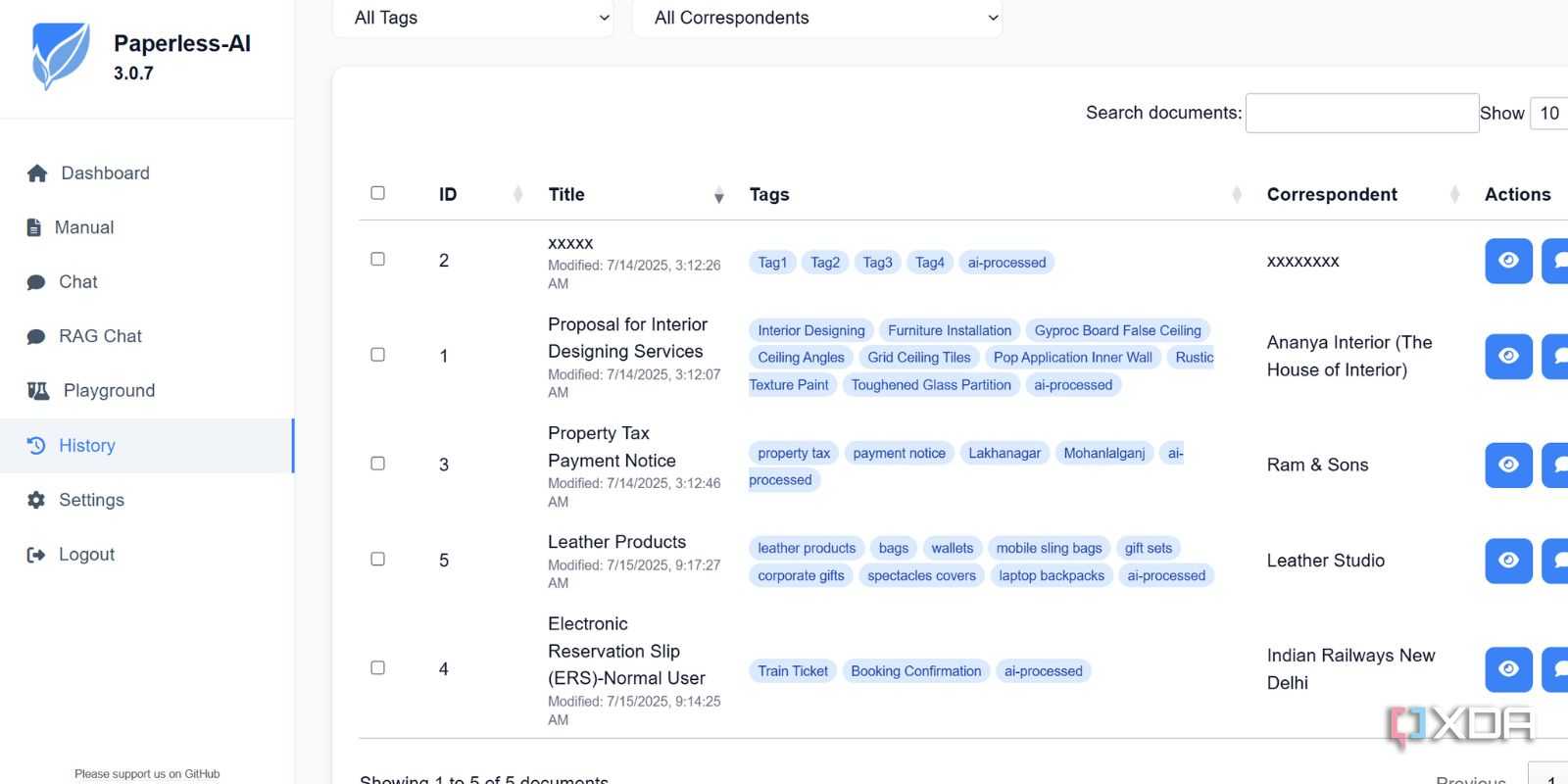screenshot of paperless ai document history