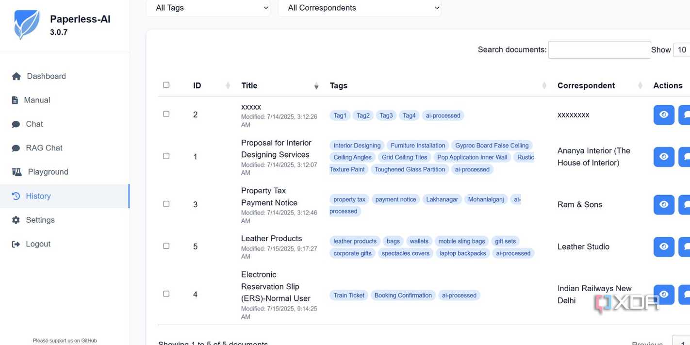screenshot of paperless ai document history
