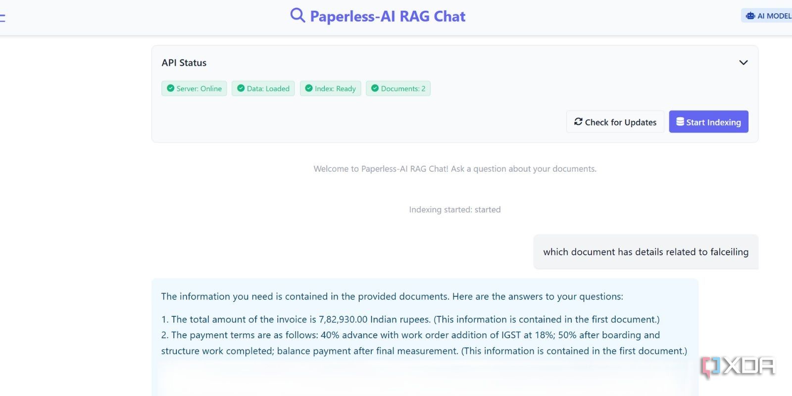 screenshot of paperless ai rag chat