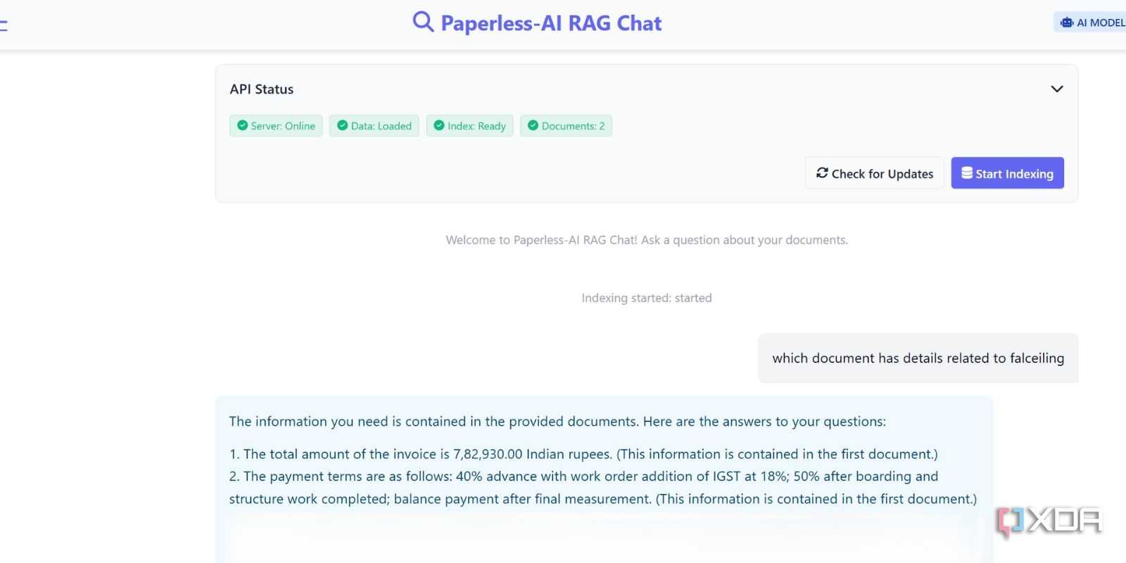 screenshot of paperless ai rag chat