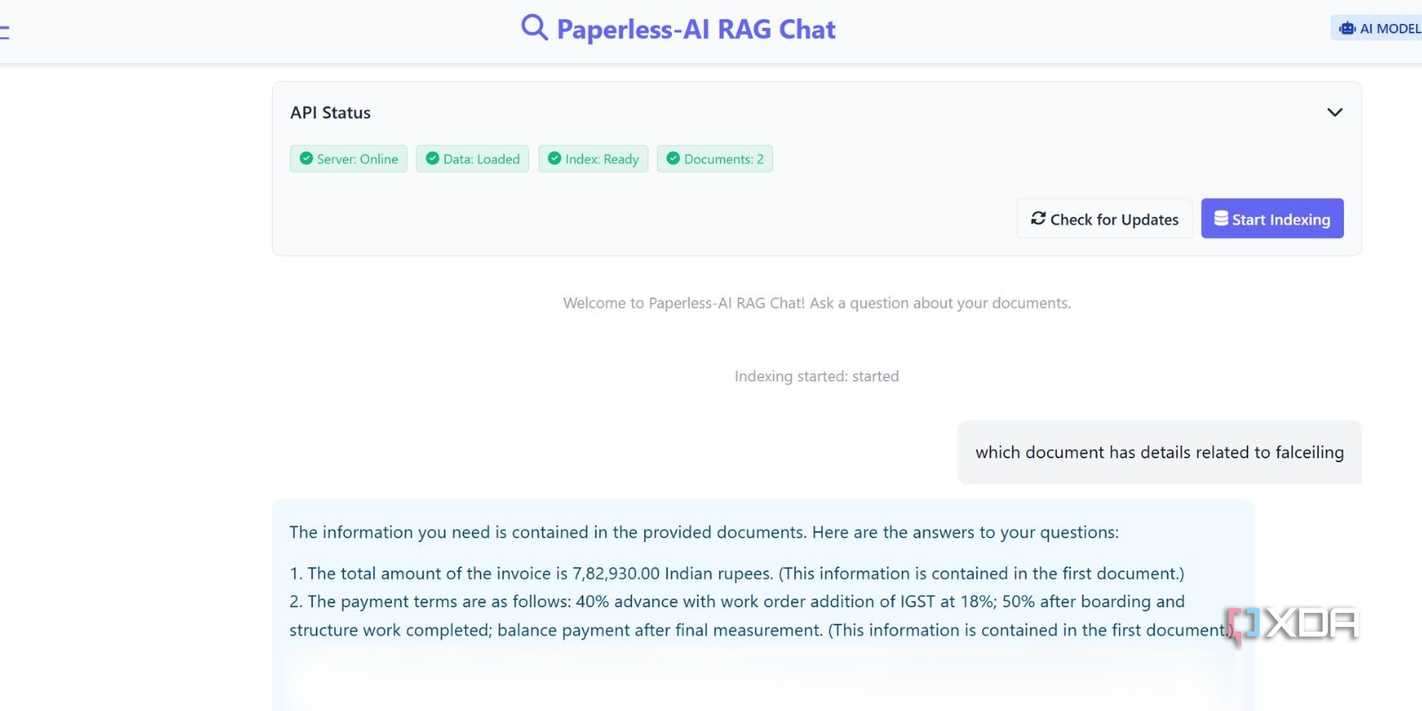 screenshot of paperless ai rag chat