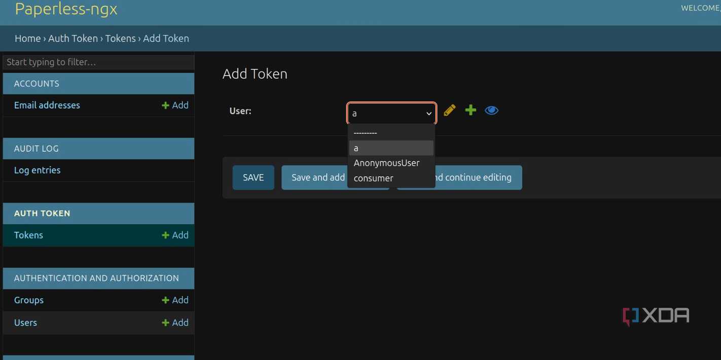 screenshot of paperless ngx django admin create token