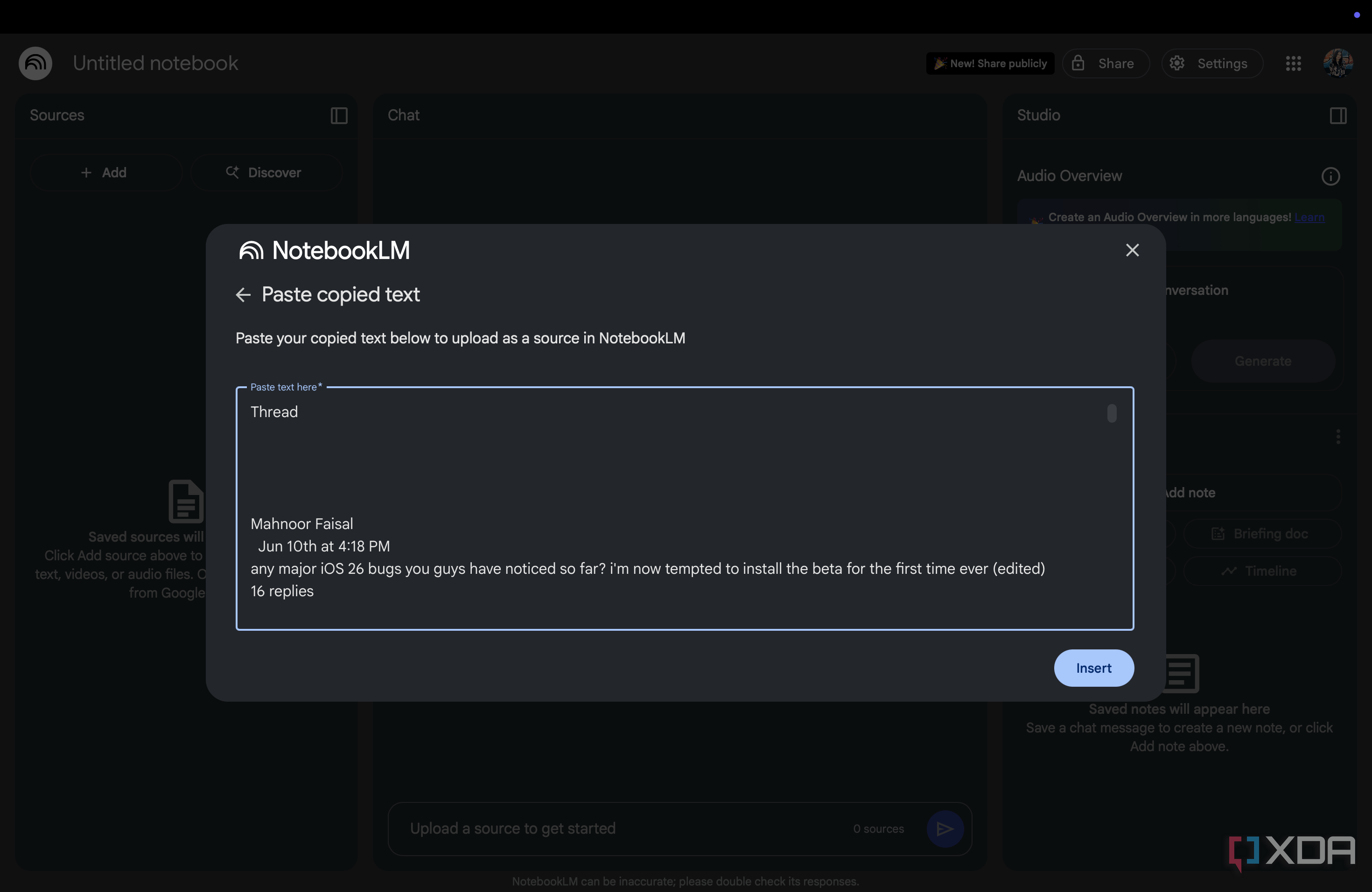 Paste copied text box in NotebookLM