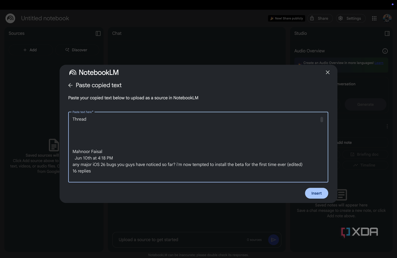 Paste copied text box in NotebookLM