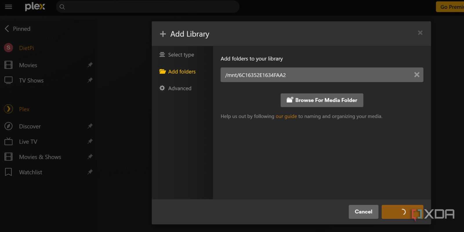 screenshot of plex adding externa harddisk webui