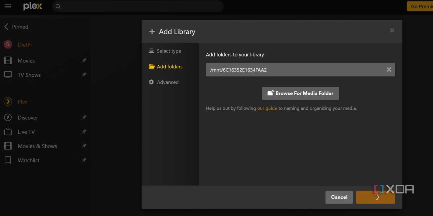 screenshot of plex adding externa harddisk webui