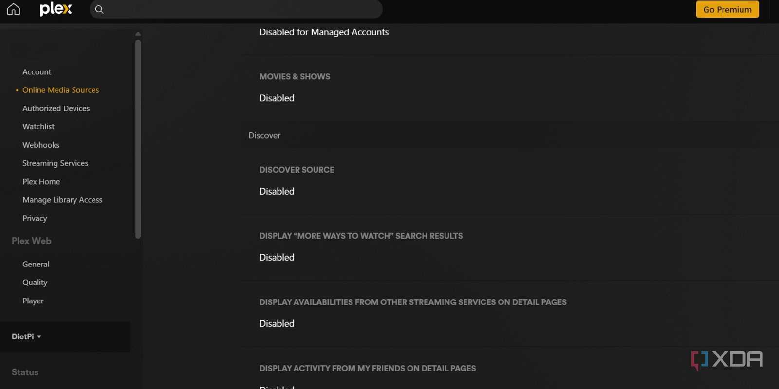 screenshot of plex dashboard customization page webui
