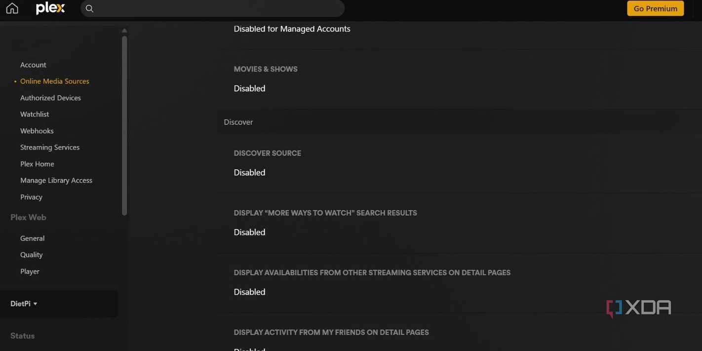 screenshot of plex dashboard customization page webui