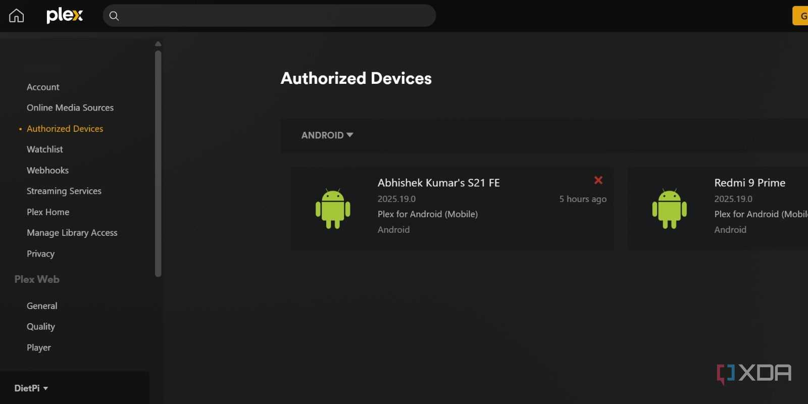screenshot of plex devices page webui