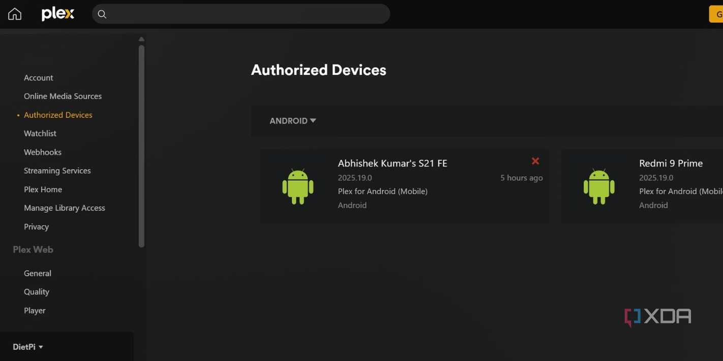 screenshot of plex devices page webui