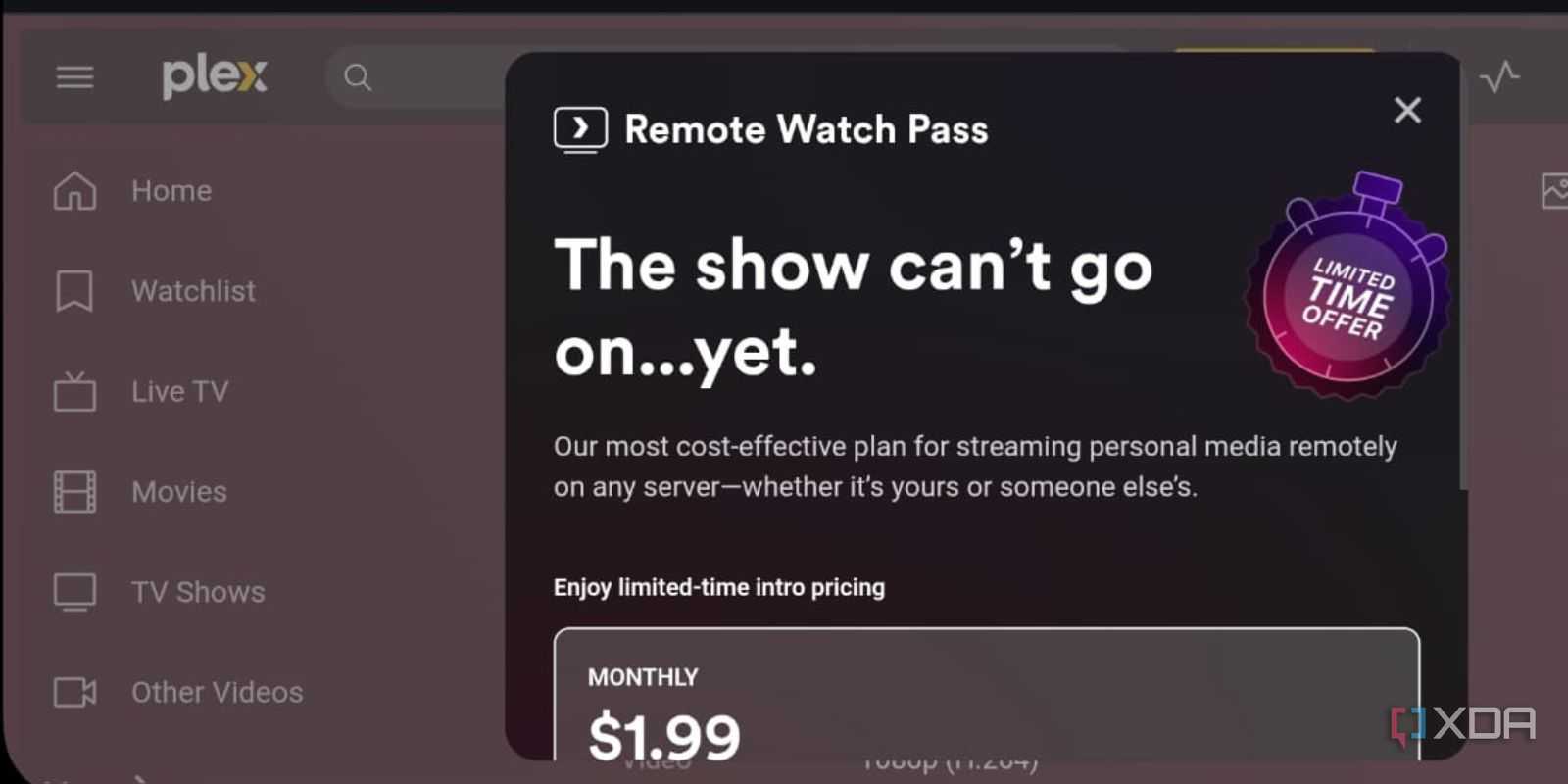 screenshot of plex subsciption popup with tailscale android chrome