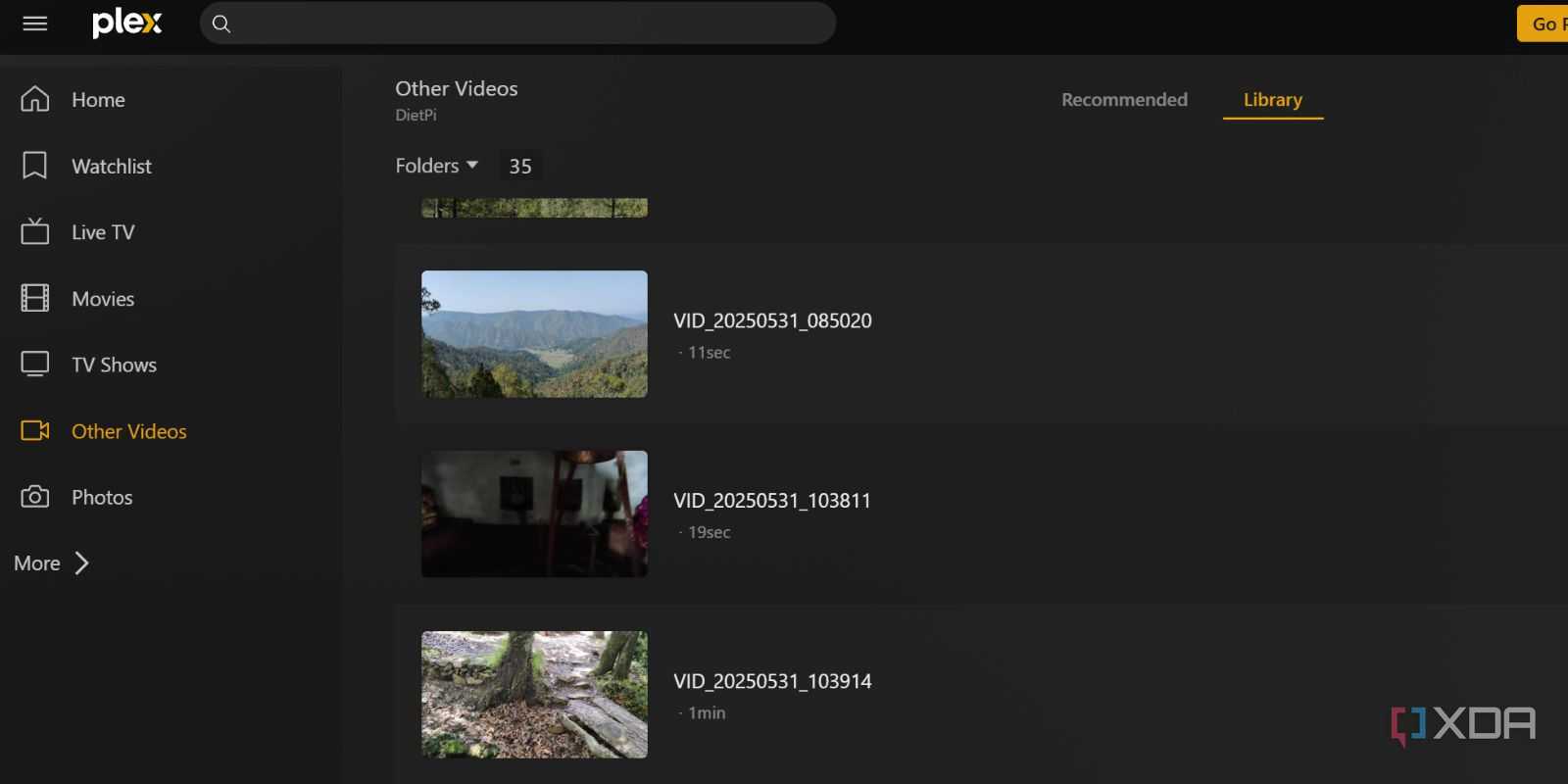 screenshot of plex video folder webui