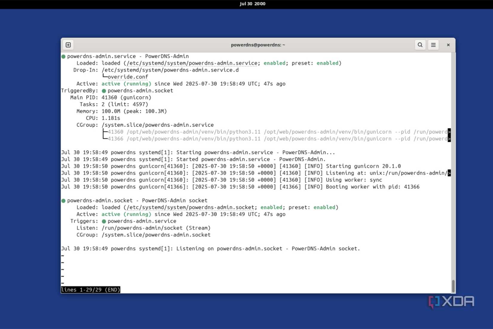 powerdns terminal window running as systemd service