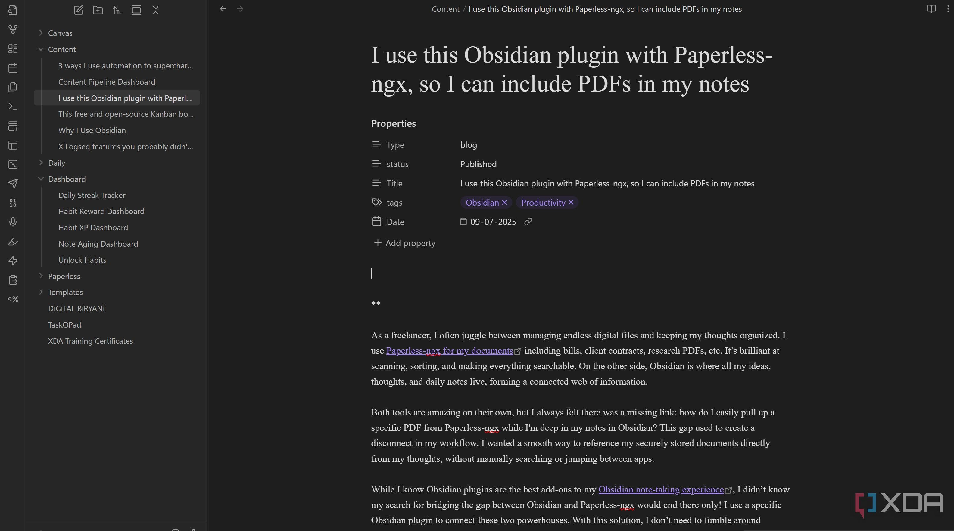 Frontmatter metadata in Obsidian content notes