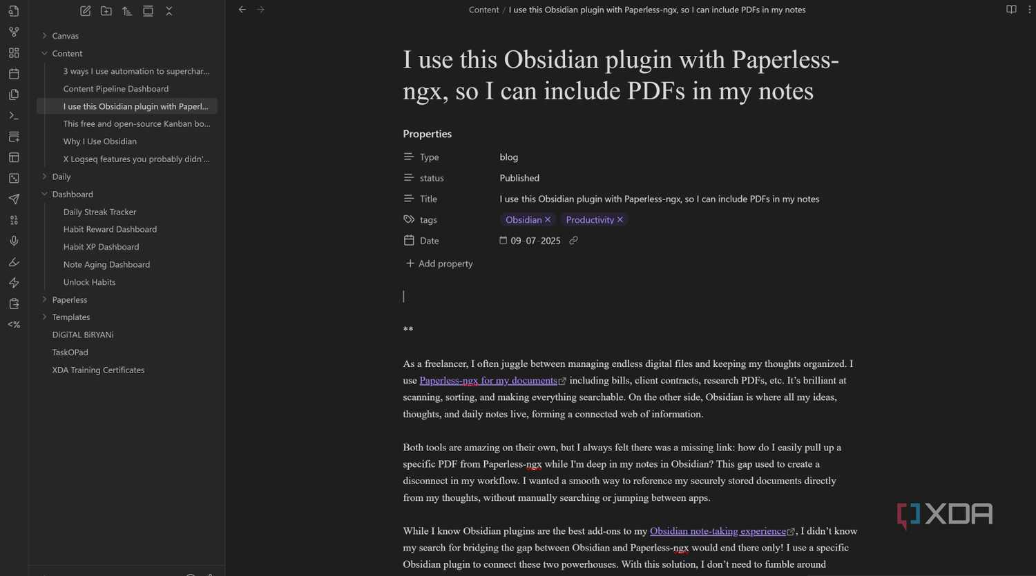 Frontmatter metadata in Obsidian content notes
