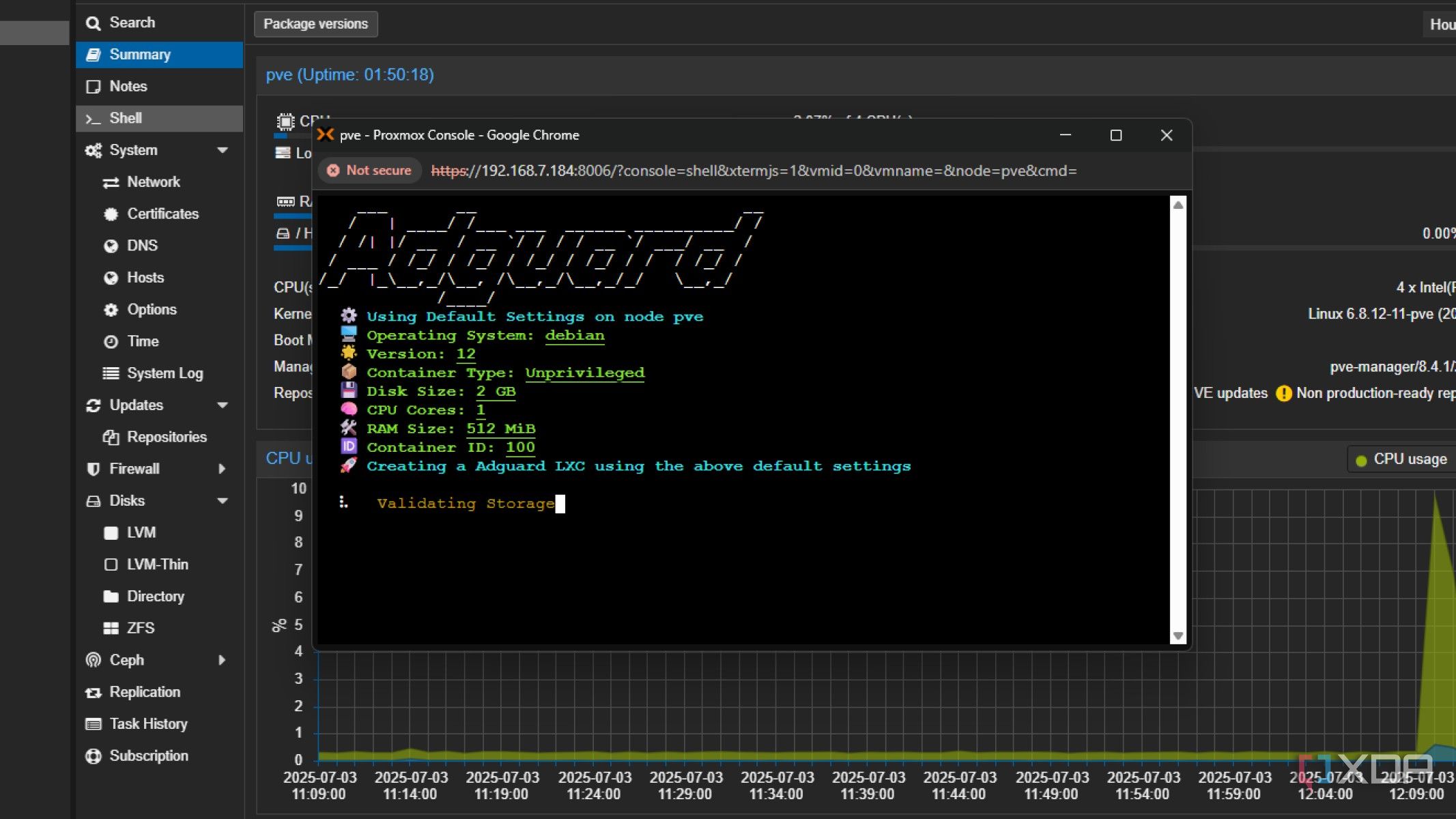 adguard home being installed as a proxmox lxc container