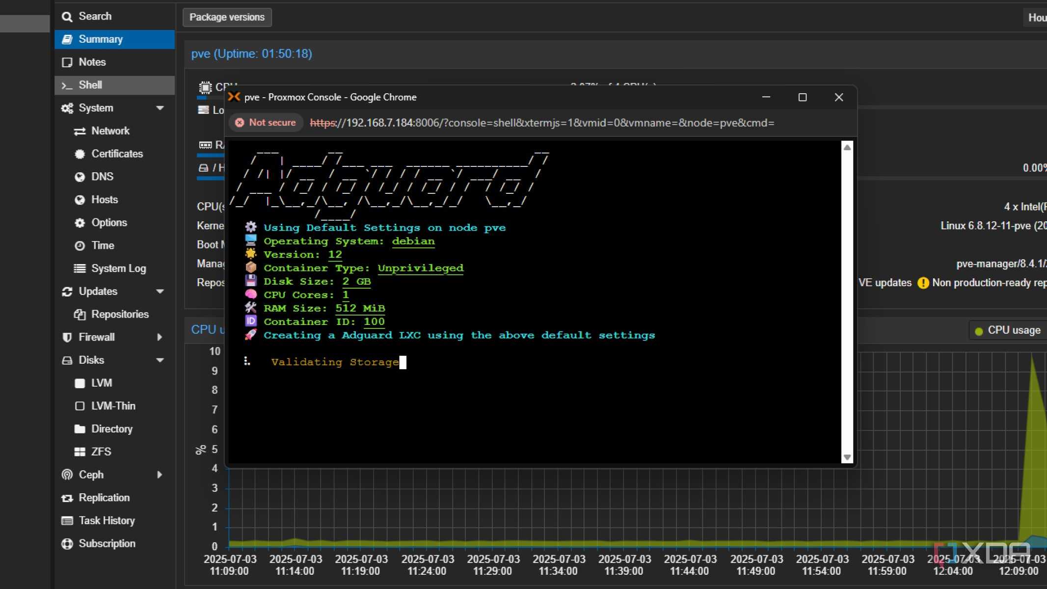 adguard home being installed as a proxmox lxc container