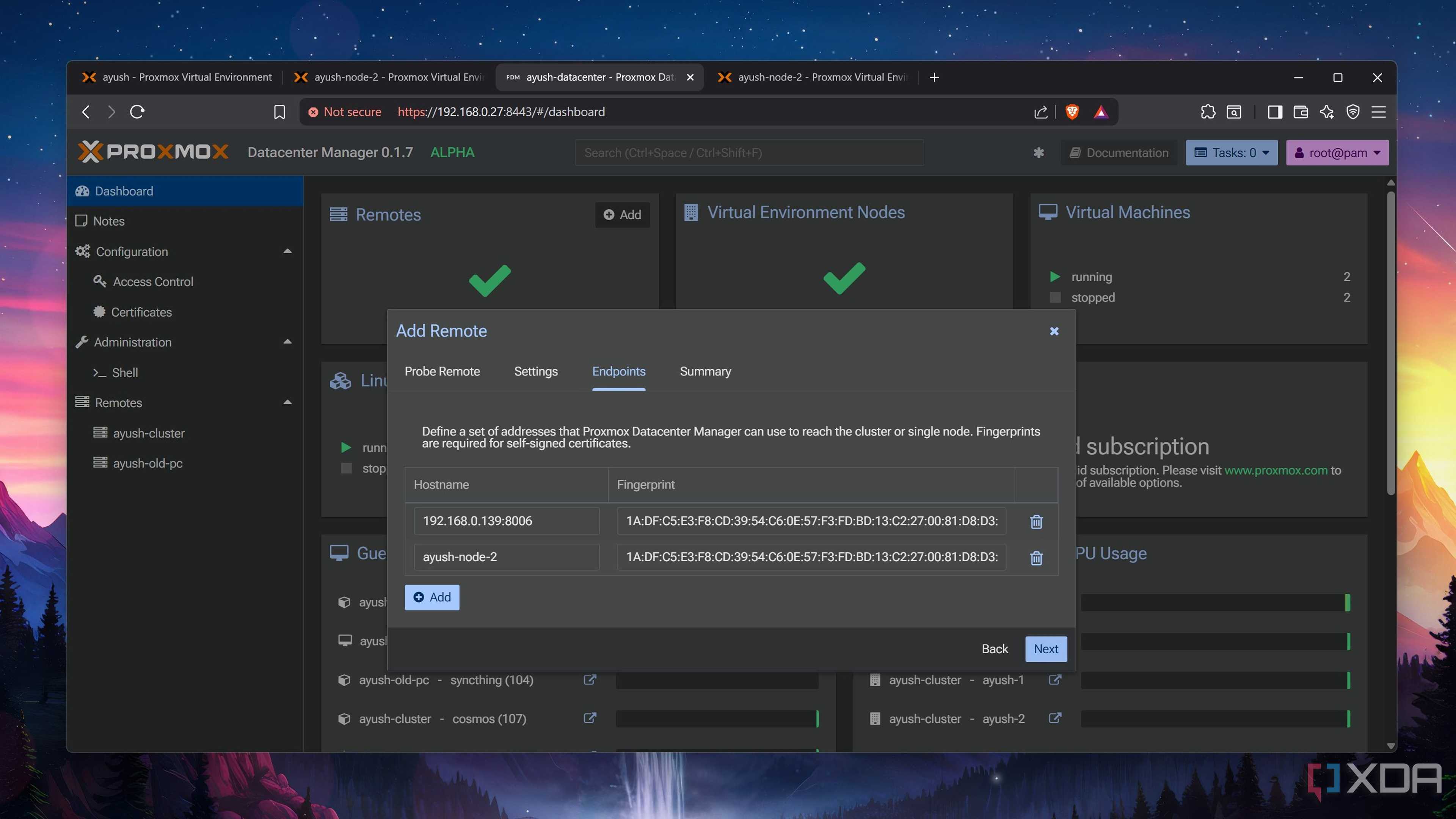 Adding the fingerprints in Proxmox Datacenter Manager