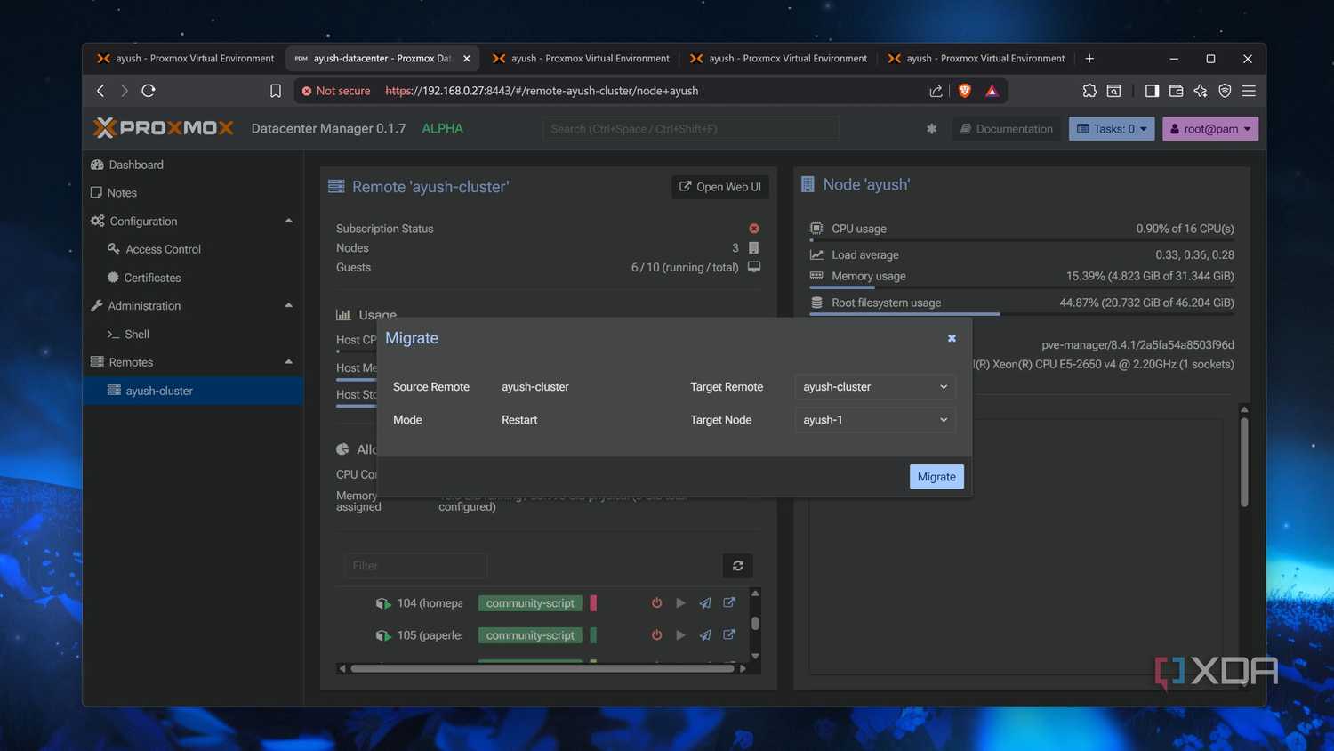 Migrating an LXC via Proxmox Datacenter Manager