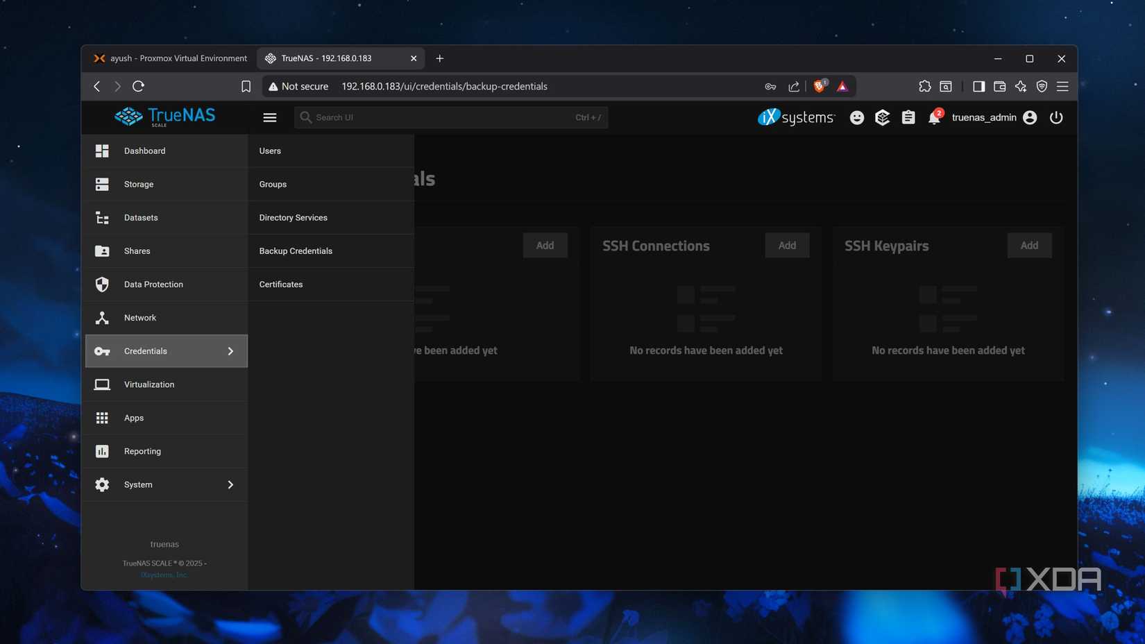 The Backup Credentials tab in TrueNAS Sclae