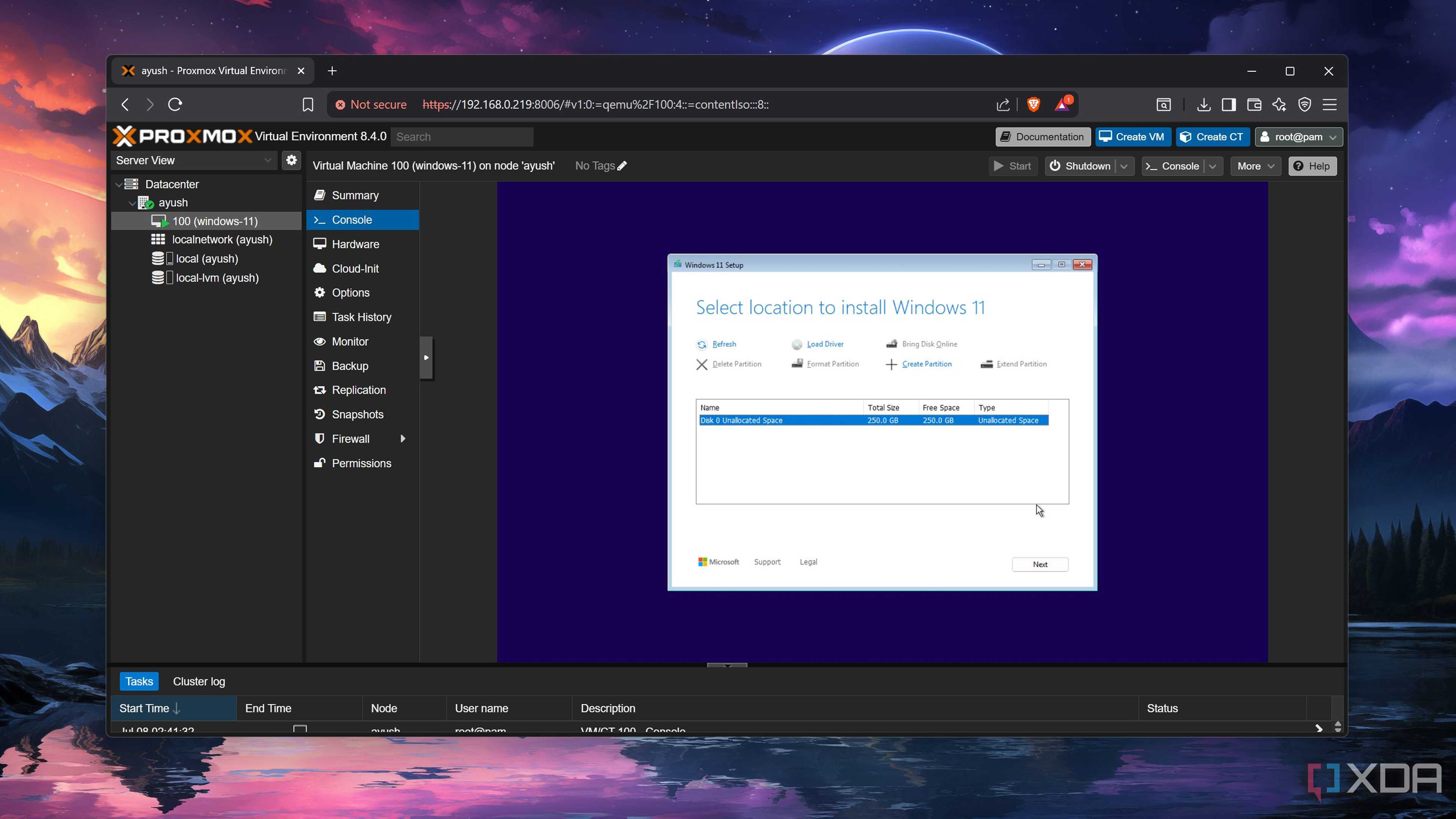 Selecting the installation disk inside a Windows 11 VM