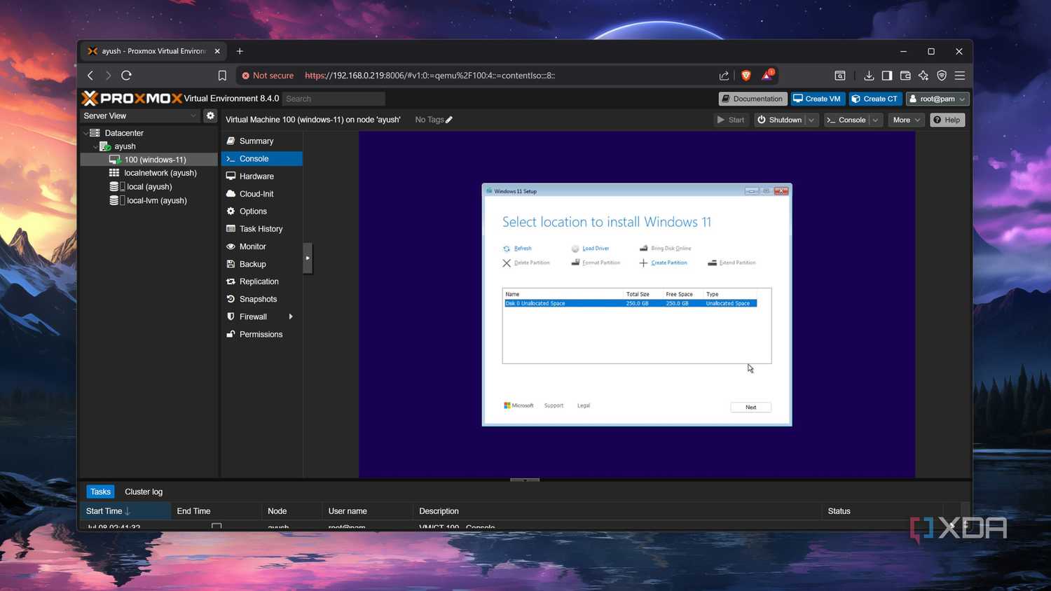 Selecting the installation disk inside a Windows 11 VM