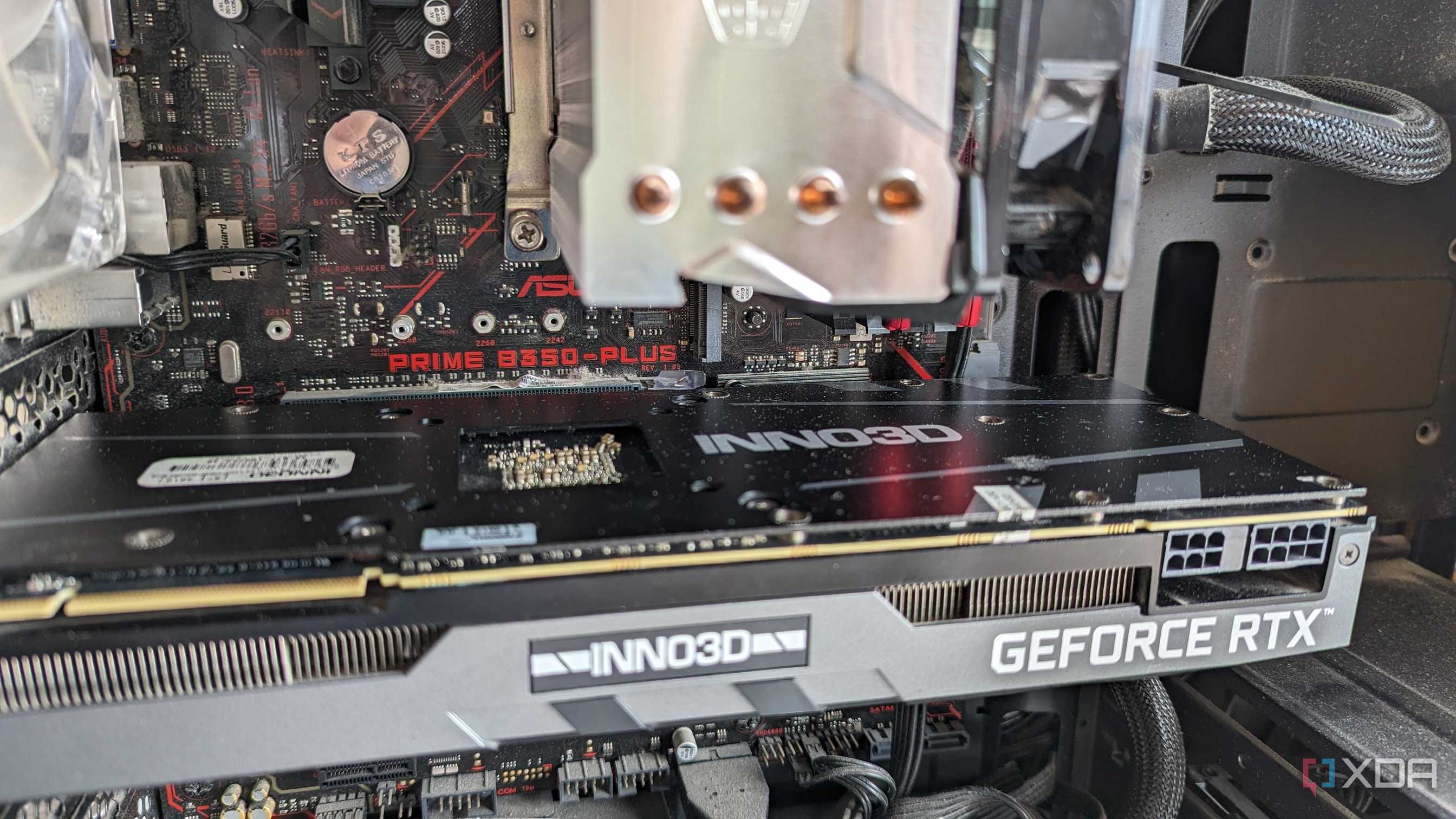 Close-up of a GeForce RTX graphics card inside a PC