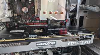 Close-up of a GeForce RTX graphics card inside a PC