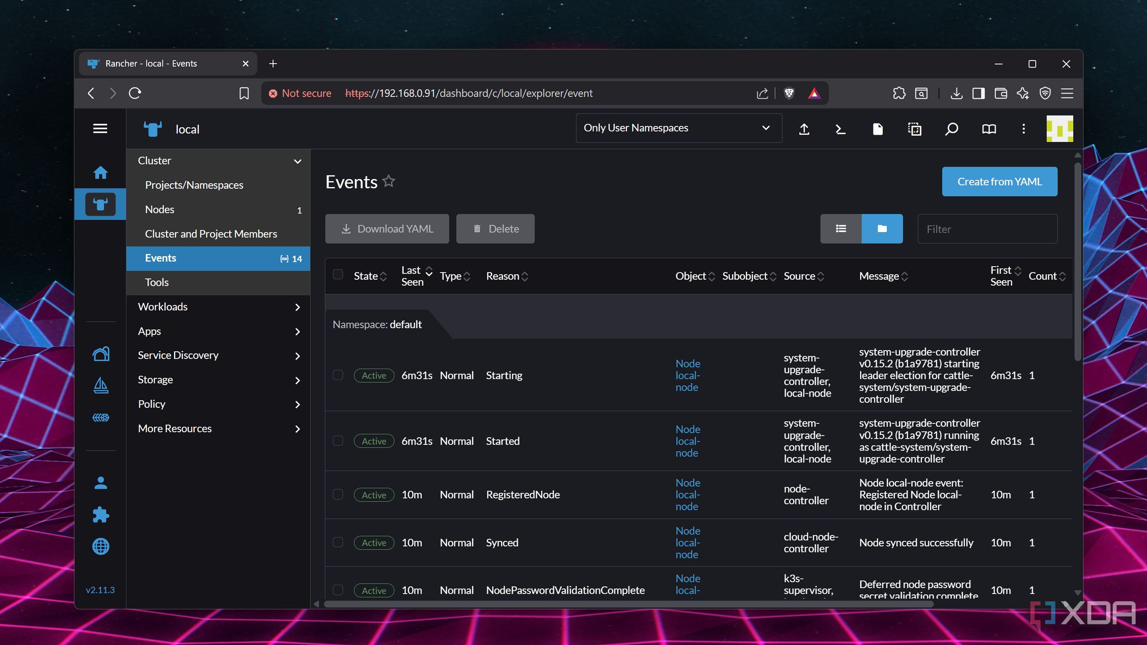 The Events page on Rancher's web UI