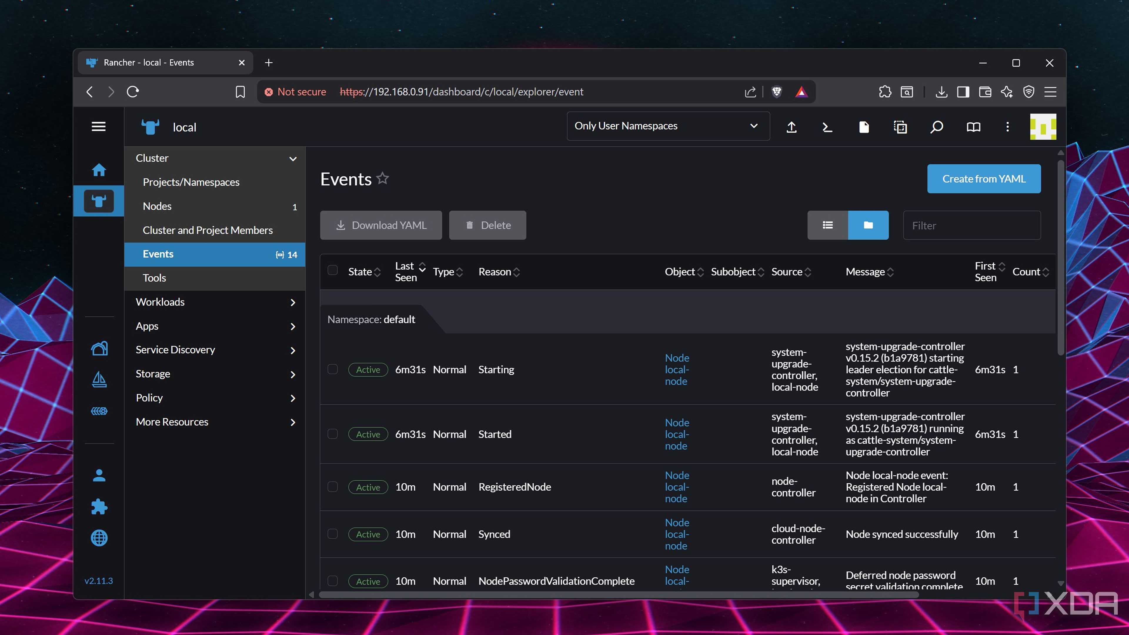 The Events page on Rancher's web UI