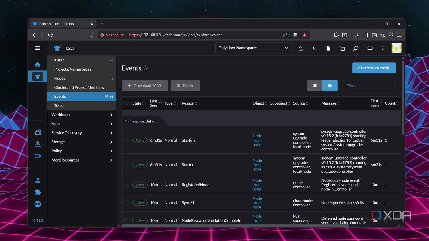 The Events page on Rancher's web UI