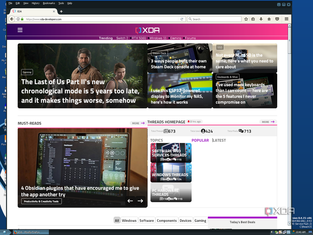 Screenshot of Mozilla Firefox on ReactOS displaying the XDA homepage