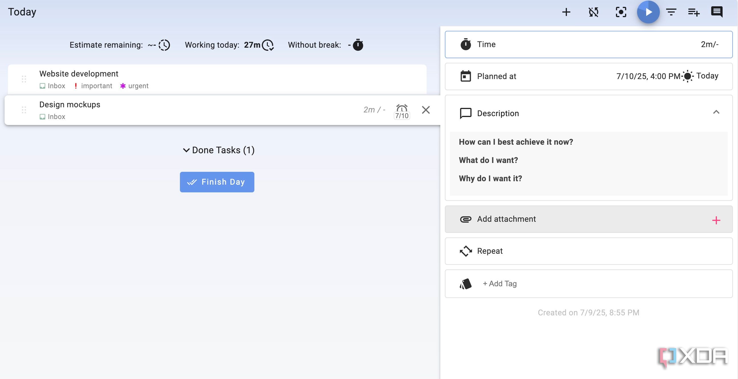 Super Productivity task details