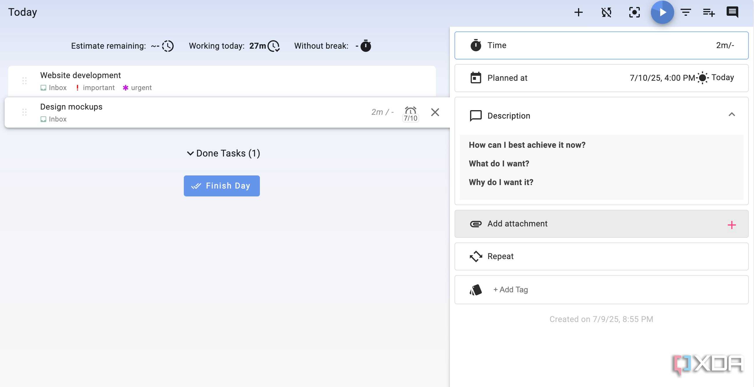 Super Productivity task details