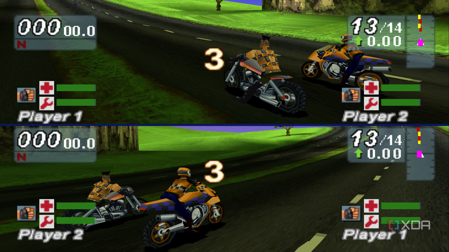 Split-screen racing in Road Rash: Jailbreak.