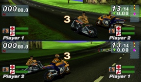 Split-screen racing in Road Rash: Jailbreak.