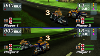 Split-screen racing in Road Rash: Jailbreak.