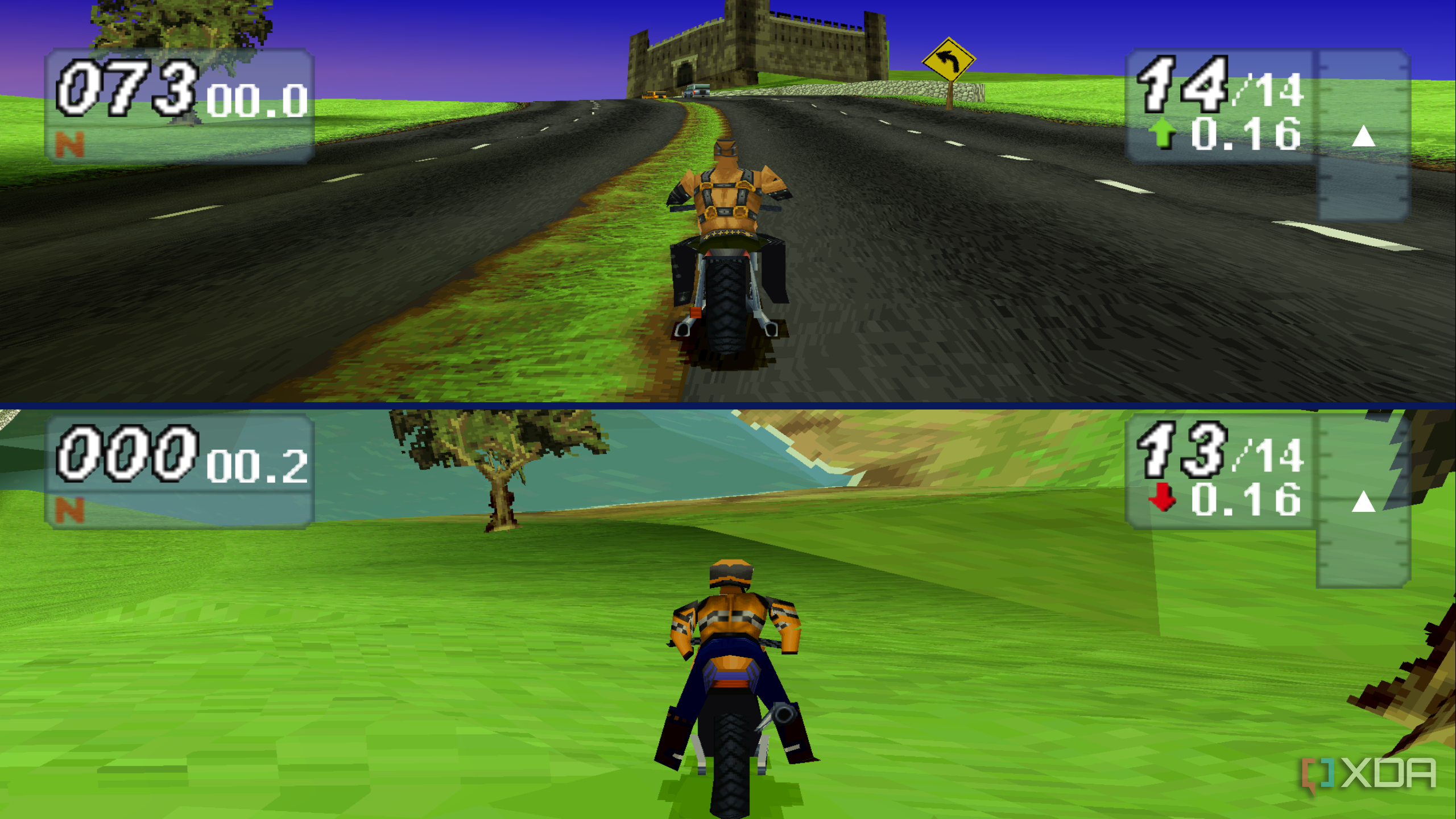Split-screen racing in Road Rash: Jailbreak.
