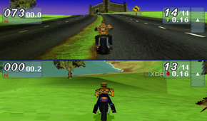 Split-screen racing in Road Rash: Jailbreak.