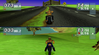 Split-screen racing in Road Rash: Jailbreak.